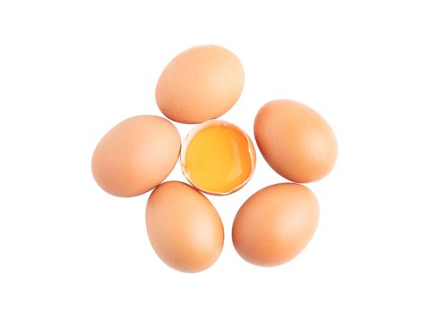 Raw chicken eggs and broken egg isolated on the white background with clipping paths
