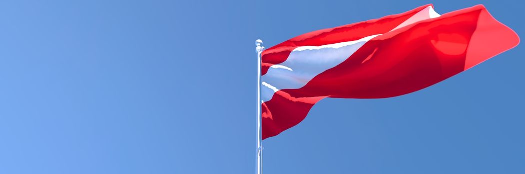 3D rendering of the national flag of Austria waving in the wind against a blue sky.