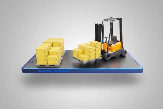 Forklift truck and cardboard box on pallet set on screen of smartphone. Cargo in warehouse to prepare for delivery by transporting to destination. Concept of online shopping and logistics. 3D render.