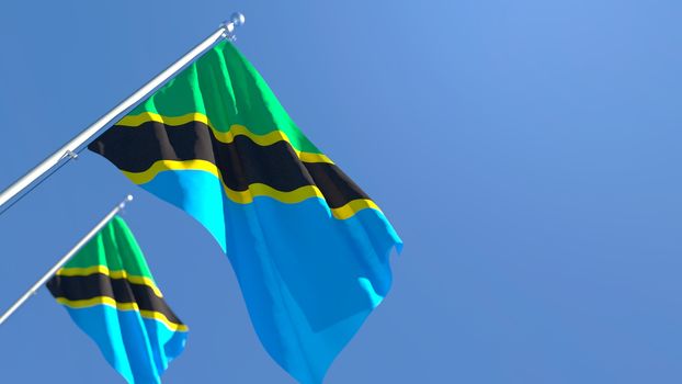 3D rendering of the national flag of Tanzania waving in the wind against a blue sky