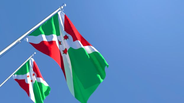 3D rendering of the national flag of Burundi waving in the wind against a blue sky
