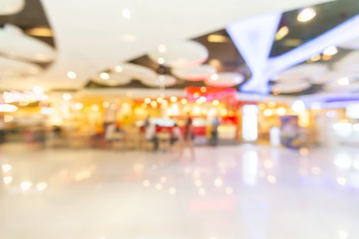 Abstract blur lights in retail shop mall background. Interior clean supermarket lifestyle concept for city store billboard, consumer way modern market glowing center, Defocus blurred coffeeshop.