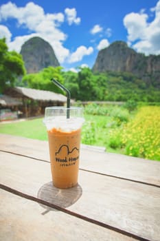 Sa Kaeo, Thailand - July 17, 2020: Beautiful scenery at the popular coffee cafe named Woodhouse Khao Chakan in Khao Chakan District, Sa Kaeo Province, Thailand.