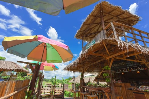 Sa Kaeo, Thailand - July 17, 2020: Beautiful scenery at the popular coffee cafe named Woodhouse Khao Chakan in Khao Chakan District, Sa Kaeo Province, Thailand.