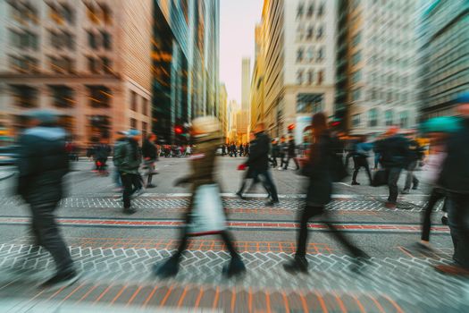 Blurred Crowd of unrecognizable business people walking on Zebra crossing in rush hour working day, Boston, Massachusetts, United States, blur business and people, lifestyle and leisure of Pedestrian concept