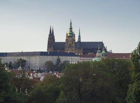 St. Vitus Cathedral gothic churche and Prague Castle panorama with hradcany and green trees on a late Summer afternoon.