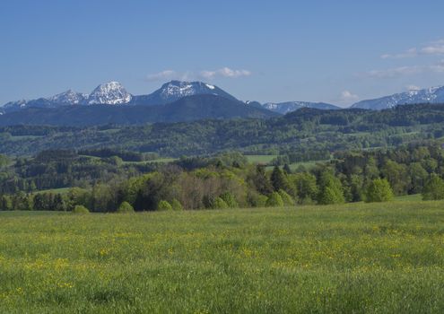 Beautiful spring rural mountain landscape in the Bavarian Alps with church and snow covered mountain peaks massif in the background. Bavaria, Germany.