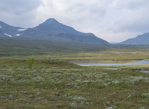 Beautiful wild Lapland nature landscape with blue glacial river, birch tree bushes, snow capped mountains Northern Sweden summer at Kungsleden hiking trail. Summer day, blue sky