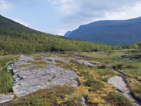 Beautiful wild Lapland nature landscape with with Kungsleden hiking trail path, birch tree bushes, mountains and dramatic clouds. Northern Sweden summer.