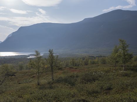 Beautiful wild Lapland nature landscape with STF Kaitumjaure Mountain cabin hut, lake, birch tree forest and mountains. Northern Sweden summer at Kungsleden hiking trail. Blue sky background.