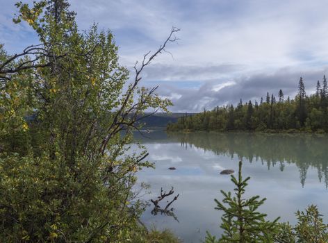 View over milky green Laitaure lake, hills, birch and spruce tree forest with small rowing boat. Lapland landscape at Kungsleden hiking trail. Blue sky white clouds