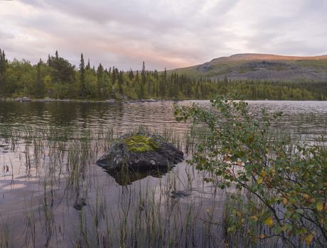 Orange pink sunset over lake Sjabatjakjaure in Parte in Sweden Lapland. Mountains, birch trees, spruce forest, rock boulders and grass. Sky, clouds and clear water