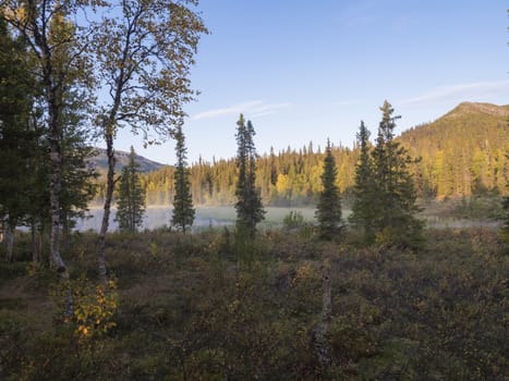 Beautiful morning sunrise over lake Sjabatjakjaure with haze mist in Sweden Lapland nature. Mountains, birch trees, spruce forest, rock boulders and grass. Sky, clouds and clear water