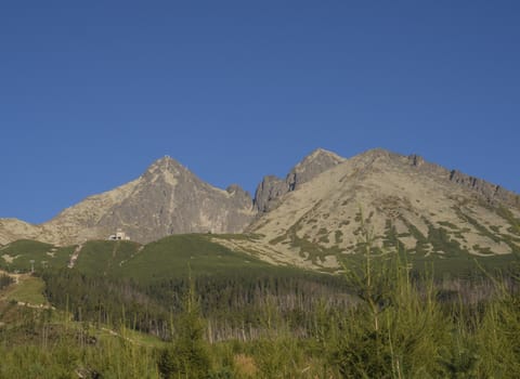 Tatra Mountains range gold colored sunrise light ,from Tatranska Lomnice with green trees and grass. Early autumn panorama.