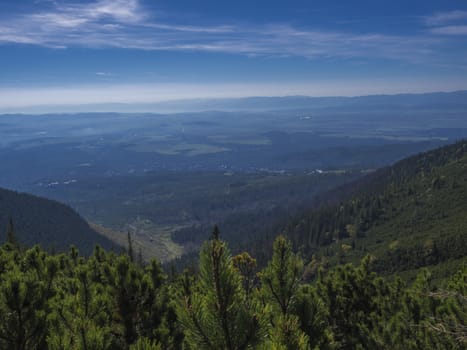 View from tatra mountains trail on valley with Tatranska lomnice and blue misty slopes of hills in the distance. Pine trees and coniferous forest hills, blue sky. Travel background, tatra mountain in summer, Slovakia.