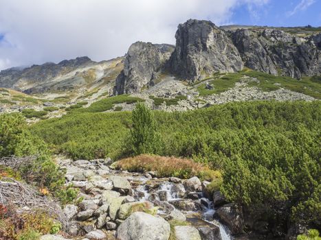 wild river stream on Footpath trail from Strbske Pleso, beautiful nature with pine trees and rocky montain peak, High Tatras mountain, Slovakia, late summer sunny day, blue sky background.