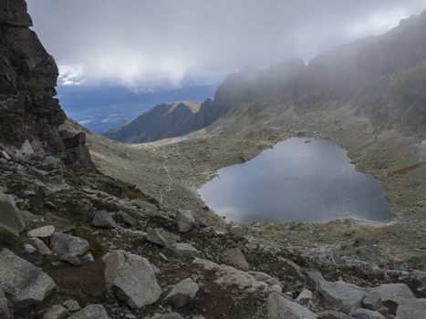 Nizne Wahlenbergovo pleso mountain lake in Furkotska dolina view from Bystre sedlo pass in high Tatras mountains in Slovakia.