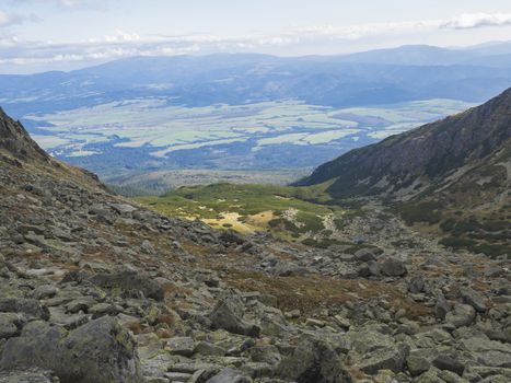 View on Furkotska dolina with Vysne Furkotske pleso mountain lake in high Tatras mountains, Vysoke Tatry Slovakia.