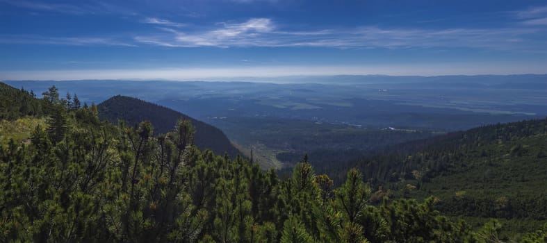 Panoramic view from tatra mountains trail on valley with Tatranska lomnice and blue misty slopes of hills in the distance. Pine trees and coniferous forest hills, blue sky. Travel background, tatra mountain in summer, Slovakia.