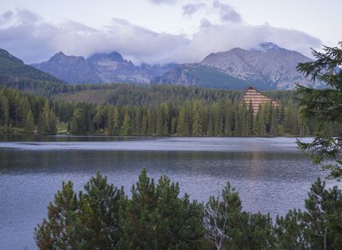 Mountain lake Strbske pleso in National Park High Tatra, Slovakia, Europe, summer at dusk.