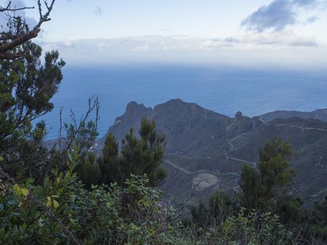 view on narrow winding road serpentines to village masca in Tenerife canary island with green bushes and blue sea sky background