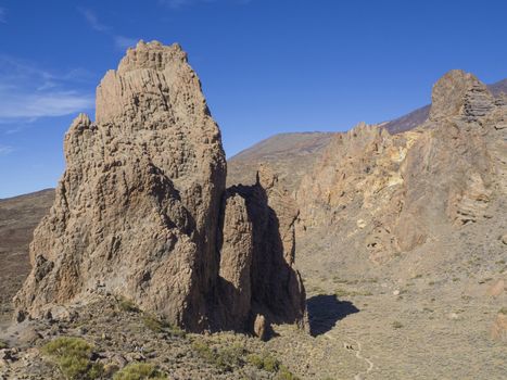 view on famous rock formation cathedral in Roques de Garcia and colorful volcanic mountain and lava desert on tenerife canary island unesco protected landscape