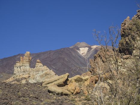 view on colorful volcano pico del teide highest spanish mountain from famous pitoresque rock formation Roques de Garcia with clear blue sky and dry trees