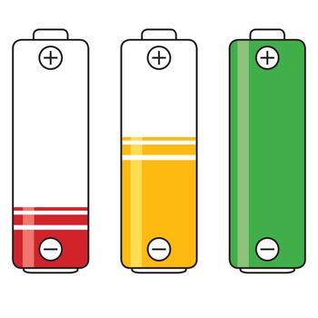 Low, charging and full battery power energy level symbols vector graphics