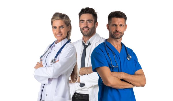 Team of three smiling medical doctors with stethoscopes in blue and white uniform isolated on white background