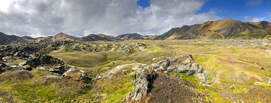 Panorama of Iceland landscape at Laugavegur hiking trail in Fjallabak Nature Reserve. Travel and tourism.