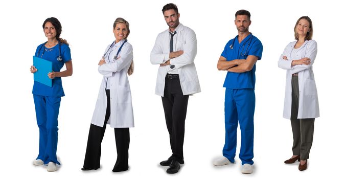 Collection of full length portraits of medical doctors. Design element, studio isolated on white background