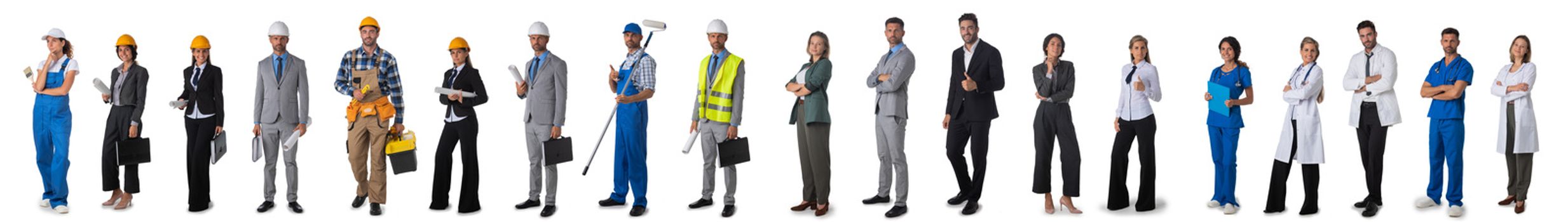 Full length portrait of group of people representing diverse professions of business, medicine, construction industry