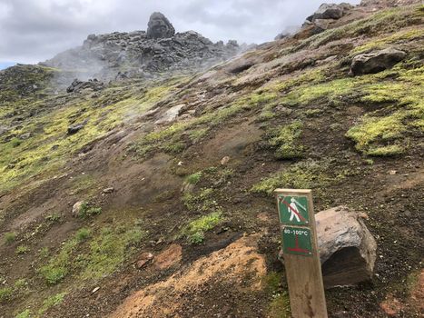 Landmannalaugar, Iceland, July 2019: Hot temperature, do not walk warning sign on volcanic area in Iceland