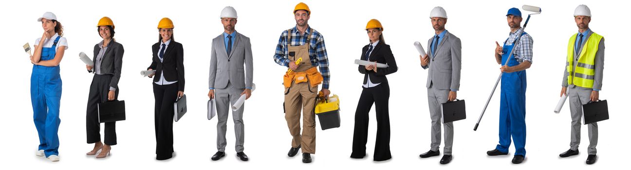 Collection of full length portraits of construction industry workers. Design element, studio isolated on white background