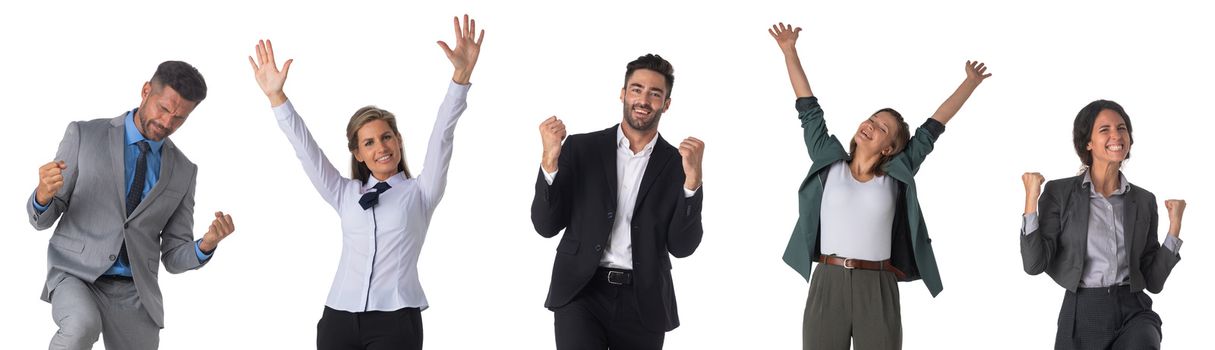 Successful excited business people group team, young businesspeople standing together smile hold fist ok yes gesture with raised hands arms, studio isolated over white background