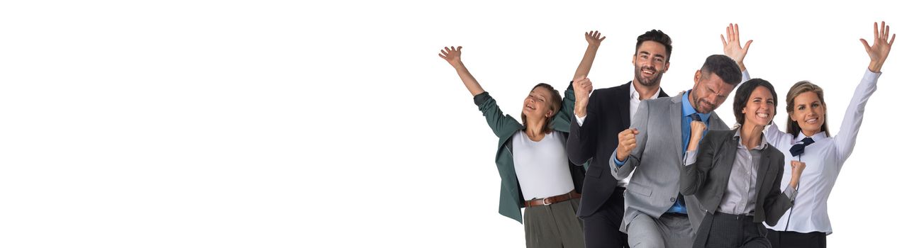 Successful excited business people group team, young businesspeople standing together smile hold fist ok yes gesture with raised hands arms, studio isolated over white background