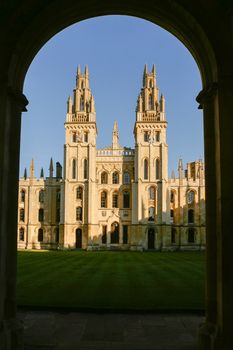 Oxford, All Souls College UK 18/07/2019 view from Radcliffe Square dark sky. Graduate college of the University of Oxford, famous alumni include Lawrence of Arabia and Sir Isaiah Berlin. College founded in 1438. Architecture in gothic style High quality photo