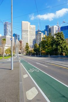 Melbourne, Australia - August 10 2020: Macarthur St in Melbourne is quiet and empty during the Coronavirus pandemic and associated lockdown.