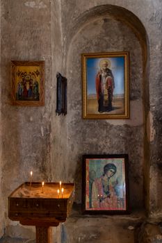 Uplistsikhe is an ancient rock-hewn town in eastern Georgia. The church has beautiful icons in a simple chapel