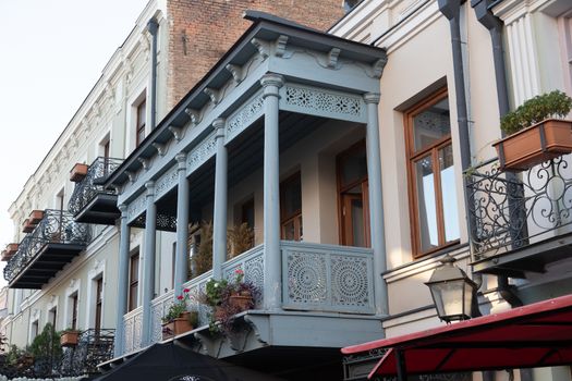 Traditional architecture in Tbilisi, Georgia showing lattice-work balconies that are common in the old city.