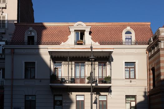 Traditional architecture in Tbilisi, Georgia showing lattice-work balconies that are common in the old city.