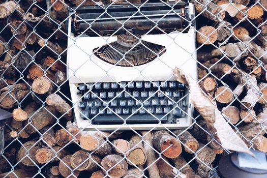 old retro vintage typewriter decorating with tree branch