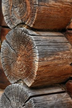 Extreme closeup background with old house corner made from logs