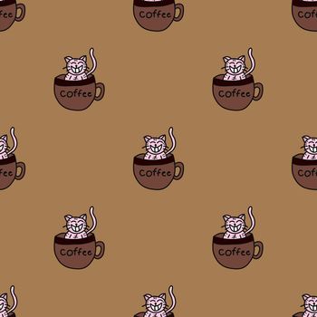 Seamless pattern of cute pink cat sitting in cup of coffee on brown background.