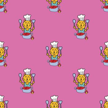 Seamless pattern of hand drawing cute yellow cat cooking on pink background.