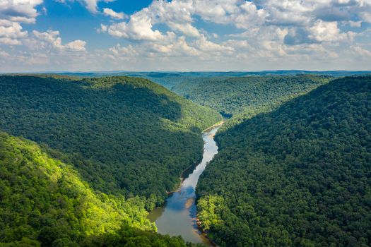 Cheat River makes its way through narrow wooded gorge towards Cheat Lake near Morgantown, WV
