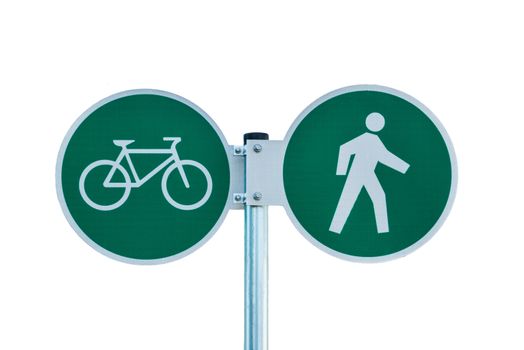 Bicycle and pedestrian shared route sign isolated on white