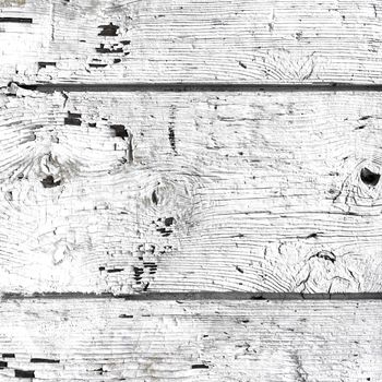 Wooden wall with white paint is severely weathered and peeling