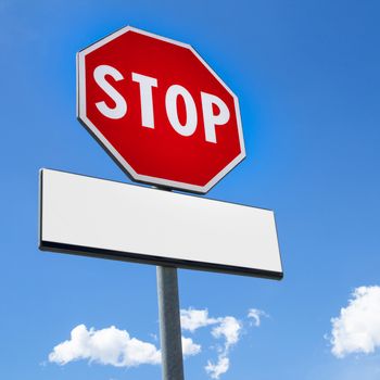 Stop sign blue sky background and copy space for your message