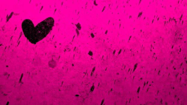 Black heart painted on pink backdrop with paint splatters everywhere. It can be used as a poster, wallpaper, design t-shirts. Fully editable.